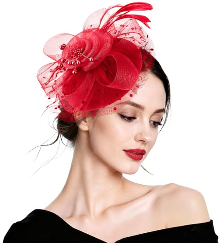 DRESHOW Fascinators Hatt Blomma Mesh Fjädrar på Pannband och Gaffel Clip Cocktail Teparty Huvudbonad för Flickor Kvinnor