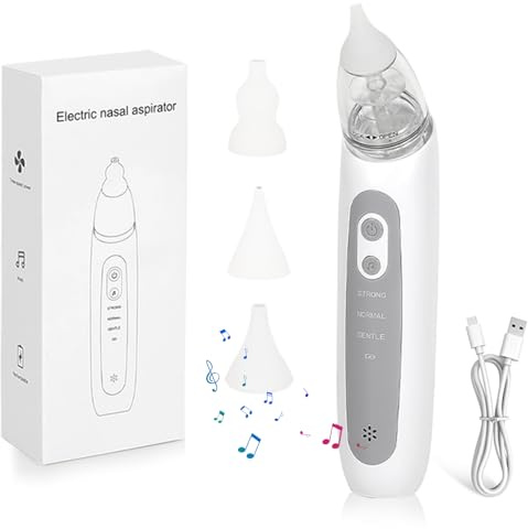 Aspirador nasal para bebé eléctrico con 3 boquillas de silicona y 3 niveles de succión, Limpiador de Nariz Recargable, Saca Mocos Bebe con Música para niños pequeños y niños pequeños -blanco