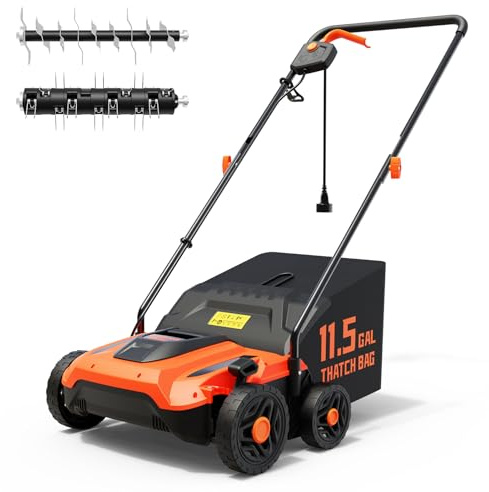 TIECTOWN 14-Inch 13.5 Amp 2-in-1 Electric Dethatcher and Scarifier with 11.5-Gallon Collection Bag, Lawn Dethatcher with 5-Position Depth Adjustment, Blade Replacement Without Tool - Orange