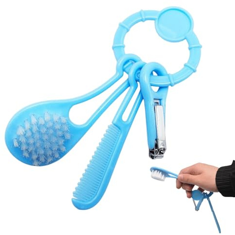 Weilin 3 Pcs Baby Grooming Kit, Baby Nail Clippers Kit, Cradle Cap & Clening Brush, Portable Brush and Comb Set with Ring for Toddlers, Kids, Newborn (Blue)