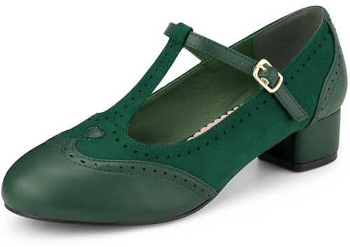Allegra K Women Faux Suede T-Strap Mary Jane Ankle Strap Block Heels Pumps | Round Toe Design. 1.6 Inch Heel. Retro Style for Dressy Needs. Comfortable Block Heel. Secure Ankle Strap