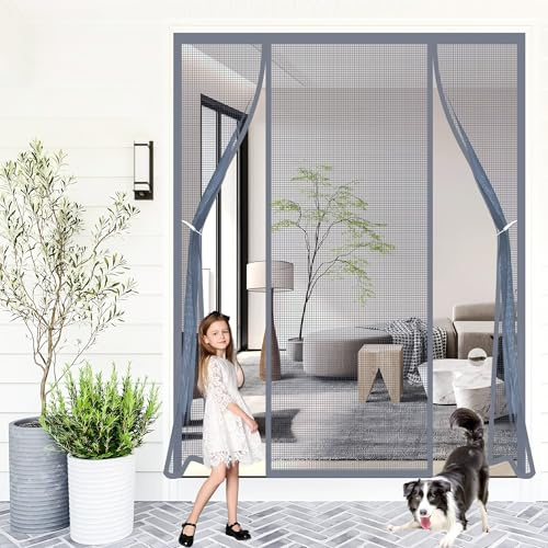 Porte Moustiquaire Magnétique Rideau 240x230cm Magnétique Moustique Sans Perçage Fermeture Automatique Moustiquaire Baie Vitree Coulissante pour Porte d Entrée Intérieur Terrasse Couloirs Gris