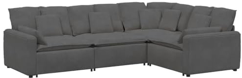 Mhdvray Modulares Sofa Wohnlandschaft Cordstoff Dunkelgrau, Polstergarnitur mit Metallrahmen & Holzarmlehnen, Flexibles Ecksofa für Wohnzimmer, 317x217x64 cm