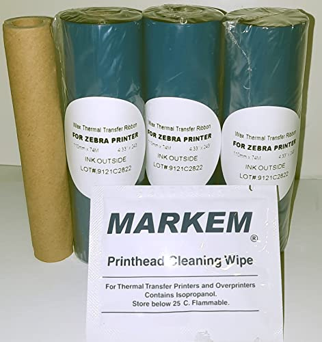 Print Head Cleaner with 1/2' Empty Rewind Spool core and 3 Thermal Transfer Ribbons 4.33 x 243' for Desk Top Zebra Printer - Starter Kit