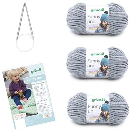 Gründl Wolle Funny uni Chenille Wolle 3 Knäuel 100 g, Hellgrau | weiche Chenille Wolle mit Nadel und Anleitung für eine Babydecke - 100 % Polyester - 100 g / 120 m - Nadelstärke 5 - 6