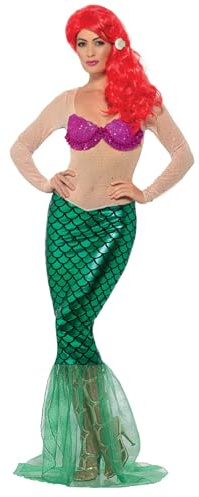 Smiffys - Damen Deluxe Sexy Meerjungfrau Kostüm, Langes Pailletten Kleid und Haarklammer, grün Halloween