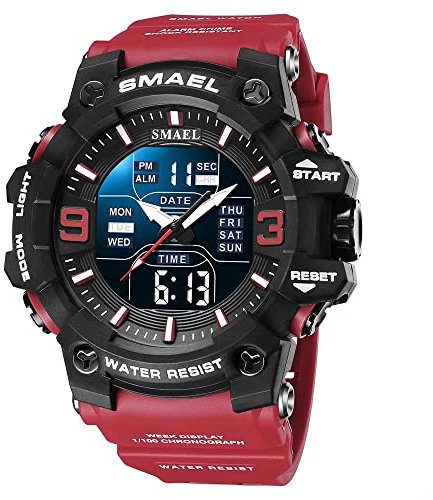 SMAEL Orologi militari da uomo per sport all'aria aperta, impermeabile, LED, data, sveglia, digitale, analogico, orologi da polso per uomo, Rosso, Large Face, Digitale