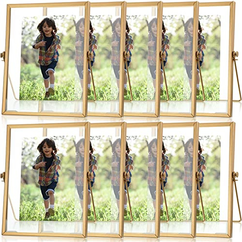 Treela 9 Set Gold Frames 6x8 Inch for Picture Sizes 4x6, Metal Glass Vintage Brass Floating Photo Frame Vertical Tabletop Display for Wedding Home Office Desk Decorations(Frame Size 6x8 Inch)