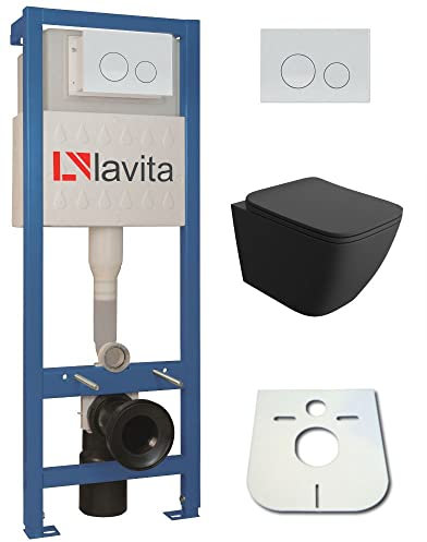 lavita Domino Vorwandelement inkl. Drückerplatte + Wand WC LINO Black ohne Spülrand + WC-Sitz mit Soft-Close-Absenkautomatik (Drückerplatte OW) Toilette Komplett Sett WC