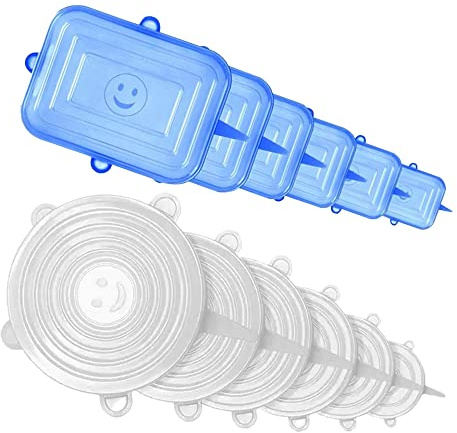 RUPECA Lot 12 Couvercle Silicone Rond et Rectangulaire – Couvercle Silicone Extensible – Couvercle Extensible en Silicone (AZUL Y BLANCO, 12)