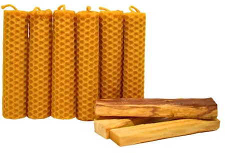 DECEVI Bienenwachskerzen Honigwabe – 8 Stück – 100% Natürliches spanisches Bienenwachs – Handgefertigt & Ohne Paraffin – Nachhaltige Kerzen für Zuhause (6 Stück + 3 Heiliges Holz, 10 cm x 2,2 cm)