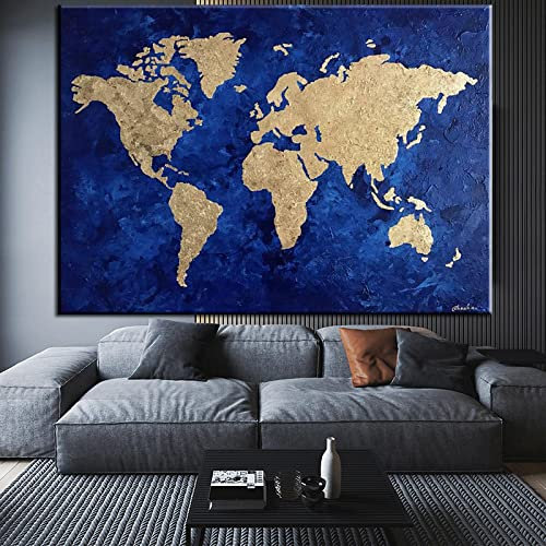 Abstrakt Blå Guld Världskarta Målning Canvastryck Världskarta Affisch Väggkonst Bild Klassrum Barn Skol Kontorsinredning 30x50cm Ramlös
