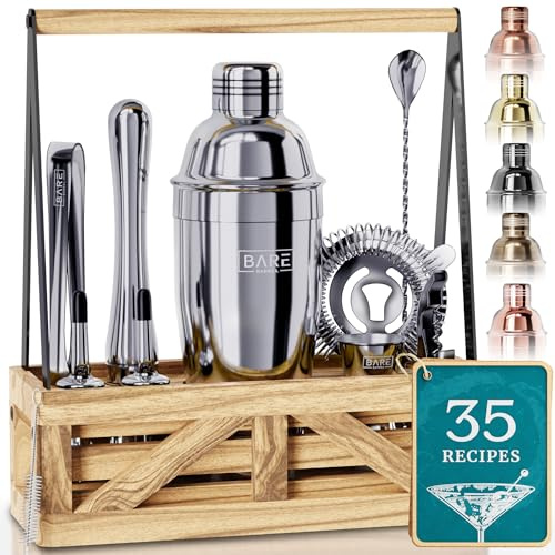BARE BARREL® Mixology Bartender Kit Bar Set | Martini Cocktail Shaker Set | Barware Mixing Tools for Home Bartending | Farmhouse Rustic Portable Caddy & 35 Recipe Cards | Gift Set (Polished Gray)