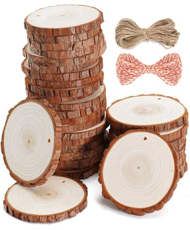 wohohoho 24 Pcs 6-7cm Natural Wood Slices, Thickened Unfinished Wooden Coasters Predrilled Log Slices Wooden Discs Circles with Natural Jute Twine for DIY Crafts Christmas Decorations Wedding Favours
