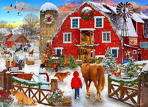 Vermont Christmas Company Puzzle « Ferme de chevaux de Noël » de 1000 pièces – Pièces entièrement emboîtables et de forme aléatoire – 68 x 49 1/4 cm