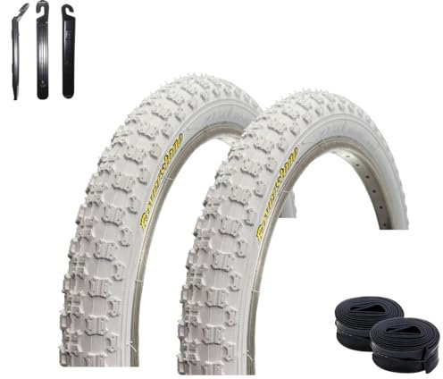 2 x Roverstone 20 Fahrradreifen Fahrradmantel Weiß 54-406 (20 x 2,125) + 2 x passende Schläuche DV inkl. Reifenheber