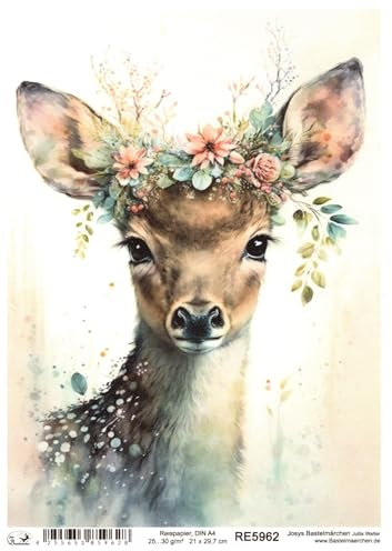 Josys Bastelmärchen Reispapier A4 Strohseide Weihnachten Vintage REH Rehkitz Blumen RE5962
