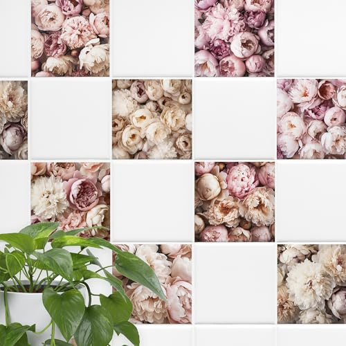 GRAZDesign Fliesenaufkleber Bad & Küche Blumen Muster Pionen Rosa, Klebefliesen selbstklebend - 20x25cm / 50 Stück