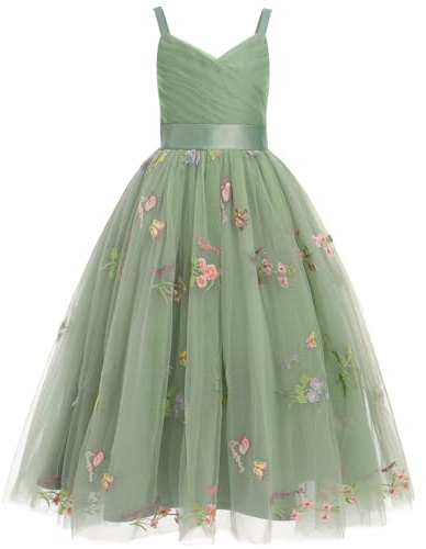 FYMNSI Blumenm?Dchen Kleid Kinder M?dchen Tr?ger V-Ausschnitt ?rmellos Geburtstag Partykleid Prinzessin T?llkleid Maxikleid Hochzeit Brautjungfer Festkleid Langes Abendkleider Gr?n 14 Jahre
