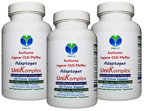 KURKUMA + INGWER + CHILI + PFEFFER - Piperin & Curcumin - UniKomplex - 360 (3x120) Pulver Kapseln - Natur pur - OHNE ZUSATZSTOFFE. 27040-3