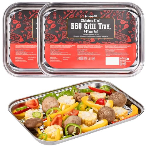 Navaris Cestello in Acciaio Inox - Set da 2 Cestelli - Adatto a Griglia Barbecue a Legna o a Gas - per Arrosticini Abruzzesi Carne Pesce e Verdure - Accessori BBQ