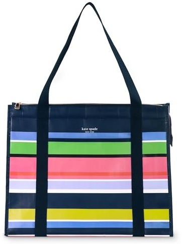 kate spade new york Reusable Shopping Bag, Insulated Grocery Tote with Shoulder Straps, Large Collapsible Tote Cooler, Sunny Day Stripe, Sunny Day Stripe, L
