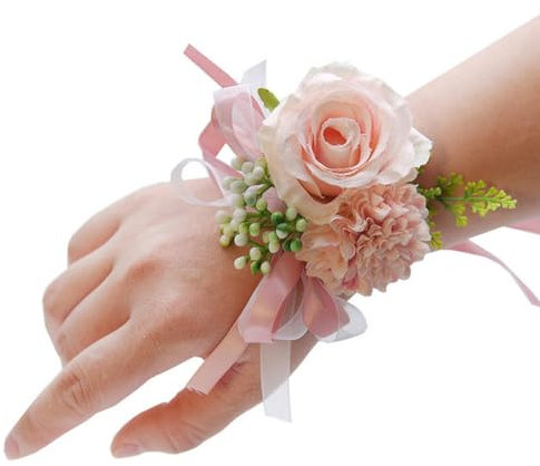 WZBAO Blumen für das Handgelenk, künstliche Blumen aus Seide, Party- und Hochzeitsdekoration, für den Bräutigam, die Braut, die Brautjungfern, mit Schleife, Ansteckblumen, Handblume, Rosa
