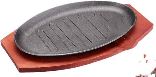 HPTHLY Ensemble d'assiettes à steak en fonte, poêle à steak en fonte, plaque chauffante avec poignée et base en bois, assiette à steak, pour griller, viandes, fruits de mer, 16,2 cm