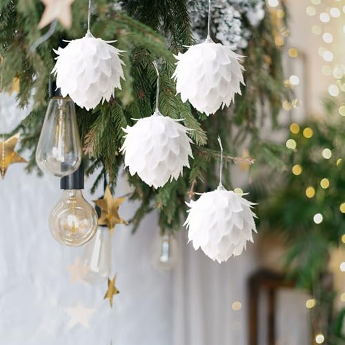 HERZONE 4pcs weihnachtsanhänger Weiße Glitzer Pinienzapfen Weihnachtskugeln mit Faden Plastik für Weihnachtsbaum (Weiß (Blume 4pcs))