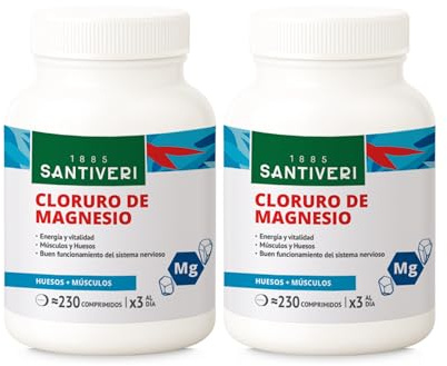 SANTIVERI - Cloruro Magnésico, Complemento Alimenticio a Base de Magnesio, Ayuda a Disminuir el Cansancio y Contribuye al Normal Estado de Músculos, Huesos y Sistema Nervioso - 2 x 230 Comprimidos