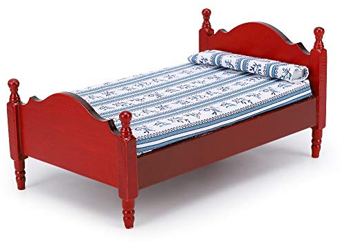 Small Bed, Realistic Wood Miniature Bed, Mini Furniture Model in Redwood Color for 1/12 Dollhouse, with Striped Blue and White Mattress, Simulated Appearance, Suitable for 1/12