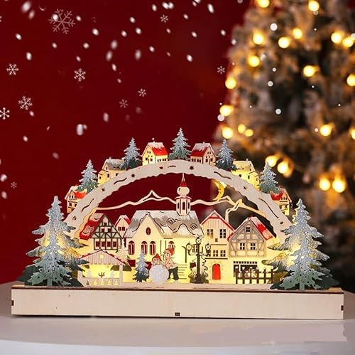 RZXBB Arco natalizio, villaggio di Natale con illuminazione, arco di Natale, decorazione natalizia, decorazione natalizia in legno, decorazione natalizia per finestre