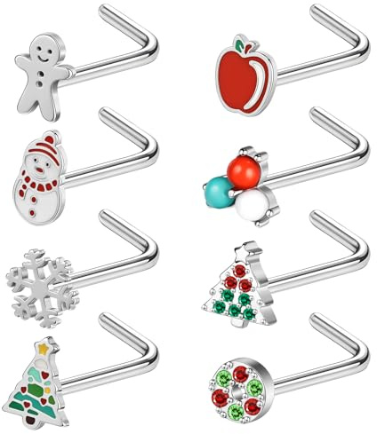 ZS 8Pcs Santa Claus Corkscrew Nose Rings Studs, 20G Stainless Steel Corkscrew Nose Stud, Christmas Trees Nose Screw Bone Nose Piercing L-shaped Nose Jewelry for Women Men