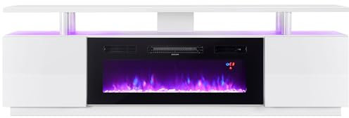 Warmiehomy Electric Fire Insert TV Stand, 78 TV Unit with Fireplace Built in, 12 Colors Moon Light & 12 Flame Effect Support, 36 Fireplace, Remote Control & Overheat Protection, White