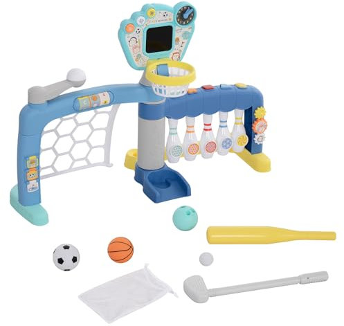 AIYAPLAY Gioco per Bambini 5 in 1 per Basket, Calcio, Baseball, Golf e Bowling con Tabellone Elettronico, Porta da Calcio in ABS e PP, 88.6x38.7x60.4-68 cm, Multicolore