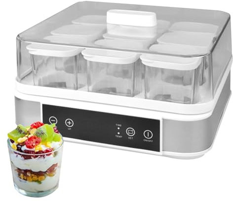 ELIKBH Yogurtera, Yogur casero fácil y natto, con 9 tarros de Cristal, Control de Temperatura y Tiempo Ajustables, para Preparar postres caseros Frescos