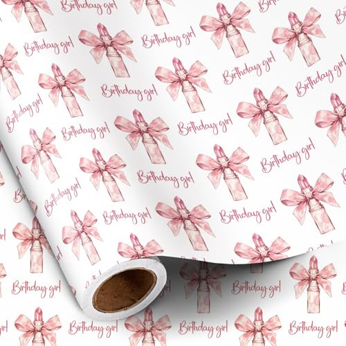 RUSPEPA Födelsedagspresentpappersrulle för flickor och kvinnor, minirulle, rosa läppstift och rosett med Birthday-girl-bokstäver, presentpapper för tonåringar, vänner, döttrar, 43,2 cm x 5 m