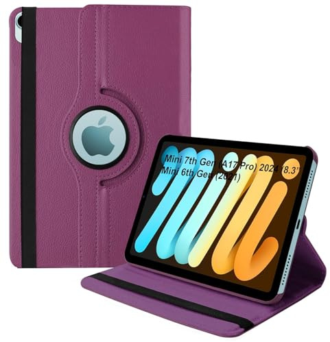 World biz Rotating Case for iPad mini (A17 Pro, 2024 Model, 7th Generation) / mini 6 (2021 Model, 6th Generation), 360 Degree Rotating Leather Protective Stand Cover, Auto Wake Sleep (Purple)