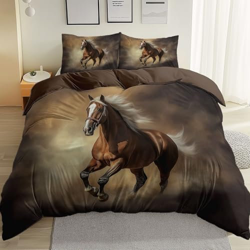 Bettwäsche Sport Pferd Mähne 3D-Digitaldruck Bettwäsche-Sets Und 2 Kissenbezug 80 X 80 cm Braun Weiß Wendebettwäsche, Weiche Mikrofaser Mit Reißverschluss 220 cm X 240 cm