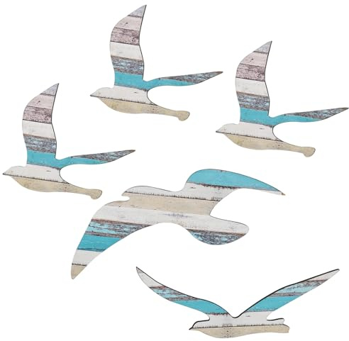 bssmmai Möwen Wanddeko 5er-Set, Maritime Holzoptik Vögel Seemöwen Wanddekoration Maritime Deko für Wohnzimmer, Schlafzimmer, Badezimmer, Flur, Ferienhaus, Blau (Blau)