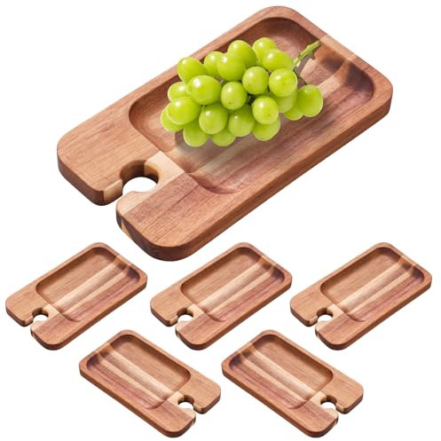 Jokapy 6Pcs Wood Appetizer Plates with Wine Glass Holder Compact Wine Appetizer Plates Versatile Sturdy Wood Mini Charcuterie Boards for Housewarming Party, Picnic, Birthday, Family