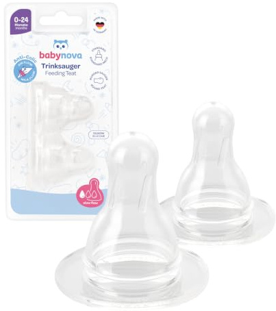 babynova Runder Silikonsauger im 2er Pack für Standard Babyflaschen - Ersatzsauger mit Anti-Kolik-Technologie - BPA-frei und Made in Germany - Größe S, langsamer Fluss für Tee