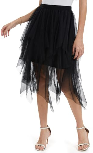 Kiiwah Tyll kjol för kvinnor, oregelbunden hög tutu midikjol i lager, elegant vintage elastisk midja kjol tyllkjol dam lång för vardag, karneval, halloween, fest, prom, Svart, XL