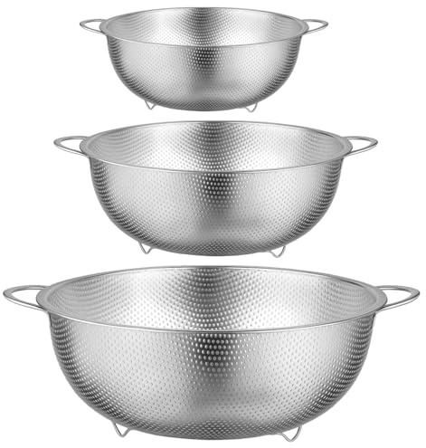 3 Piece Stainless Steel Colander Set, Fine Mesh Strainers for Pasta Vegetable Fruit Rice Washing, Nesting Metal Drain Bowls with Stable Base