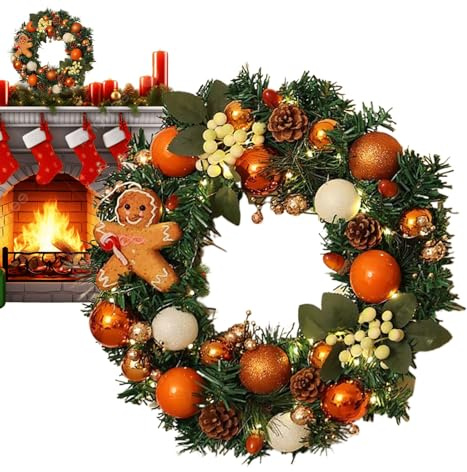 Corona Navideña - 40 Cm Corona Artificial De Jengibre con Luces - Decoración Acogedora para Puerta Ventana Chimenea Pared Interior y Exterior