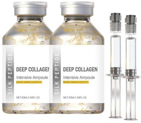 Silk Peptide Deep Collagen Hydrating Ampoule Serum, Lightweight Anti-Aging Facial Essence for Soft, Smooth-Looking Skin, Moisturizing Daily Skincare Ampoule for Radiance, 50ml (2pcs)