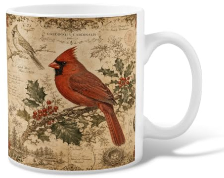 Cardinal - Taza de café de cerámica, diseño vintage de bayas de acebo naturales de invierno, color rojo novedoso, taza para beber con asa, ideal para amigos, familiares, amantes, ancianos, compañeros
