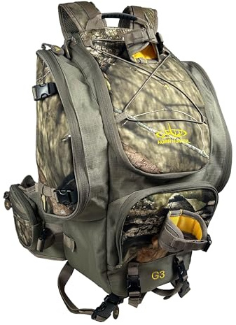 Horn Hunter G3 Treestand Pack - Hunting Versatile 20 Compartments Backpack w/Drop Down Bow/Rifle Support Pouch and Pull Out Rain Cover
