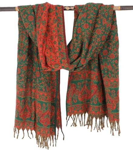 GURU SHOP Weicher Pashmina Schal mit Paisley Muster, grün/orangerot | Warmer Schal, ideal für kalte Tage, Unisex, 100 % Polyacryl, vielseitig einsetzbar