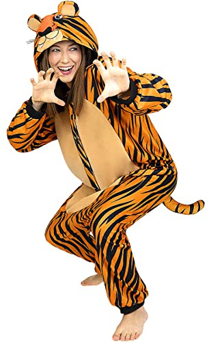 Funidelia | Disfraz de Tigre Onesie para Hombre y Mujer Talla XL Animales, Desierto, Selva - Color: Naranja - Divertidos Disfraces y complementos para Carnaval y Halloween